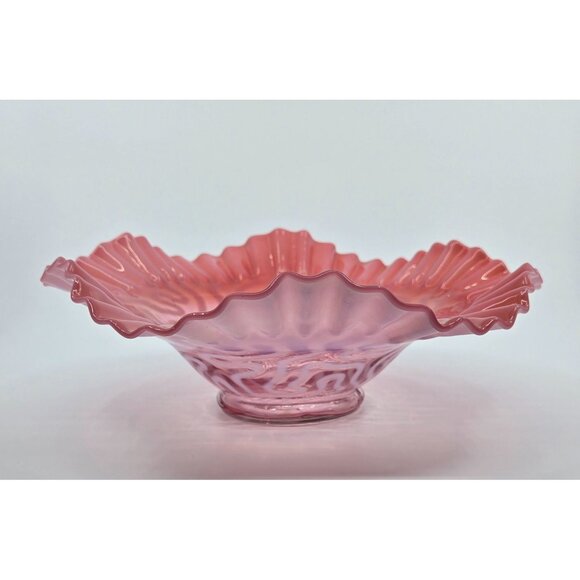 Vintage Fenton Cranberry Opalescent Glass Bowl With Ruffled Edge & Swirl Pattern - Picture 3 of 9